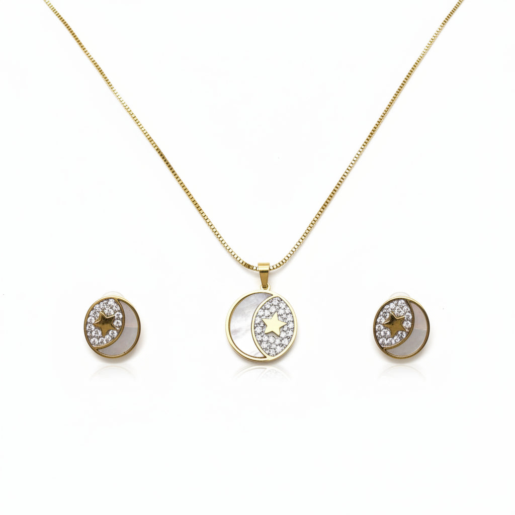 mother-of-pearl zircon moon necklace and earring set