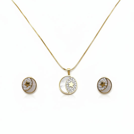 Mother-of-pearl Zircon Moon Necklace and Earring Set