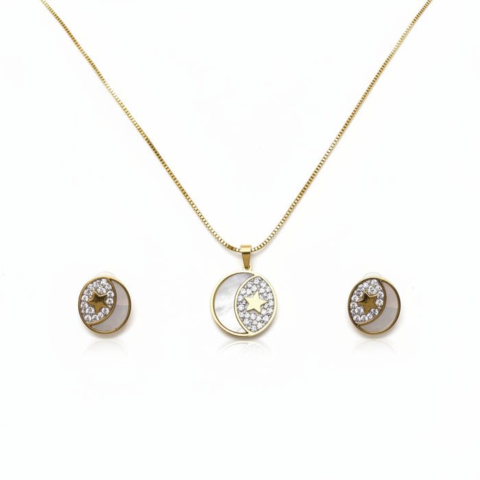 Mother-of-pearl Zircon Moon Necklace and Earring Set