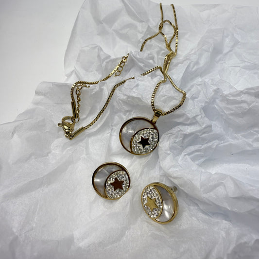 Mother-of-pearl Zircon Moon Necklace and Earring Set