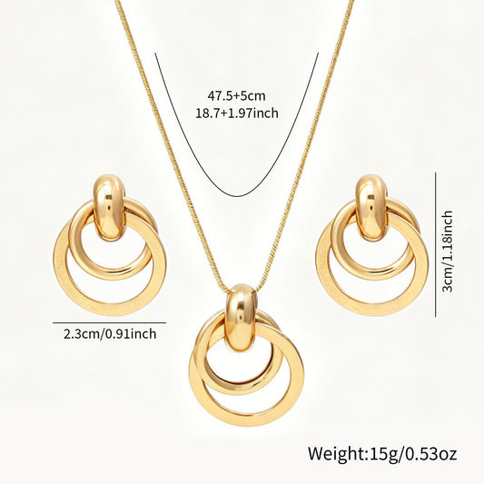 Cross-border European American Daily Versatile Metal Geometric Circle Jewelry Set, Premium Texture Matching Necklace & Stud Earrings For Women - Fortune7Jewelry