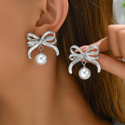 New Korean Style Bowknot Earrings For Women, Unique Inlaid Pearl Design Stud Earrings, Versatile Premium Texture Ear Jewelry - Fortune7Jewelry