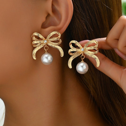 New Korean Style Bowknot Earrings For Women, Unique Inlaid Pearl Design Stud Earrings, Versatile Premium Texture Ear Jewelry - Fortune7Jewelry