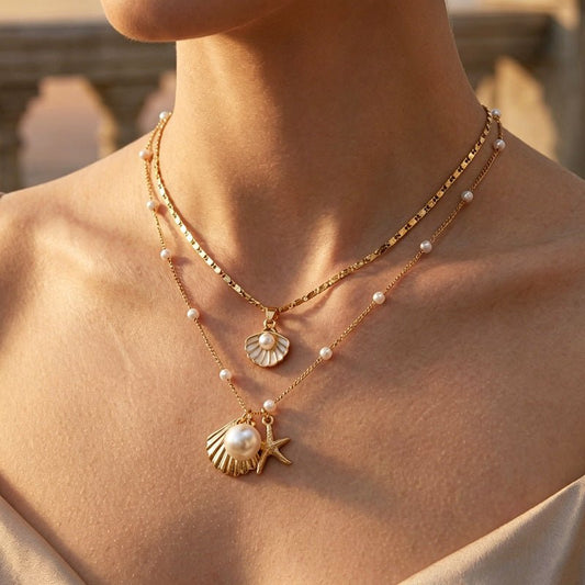 New US Style Starfish Shell Pendant Beaded Necklace, Vintage Versatile Ocean Vacation Neck Chain For Summer - Fortune7Jewelry