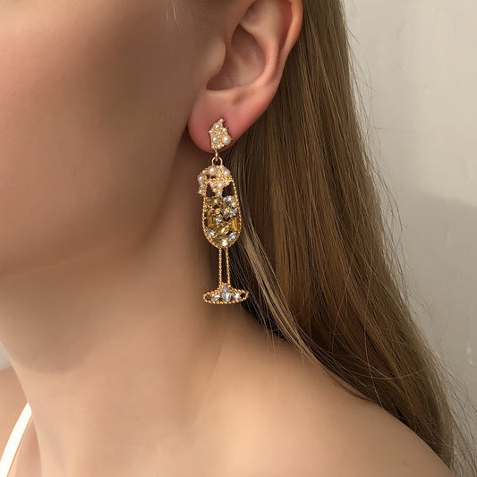 Exaggerated Alloy Inlaid Pearl Wine Glass Earrings