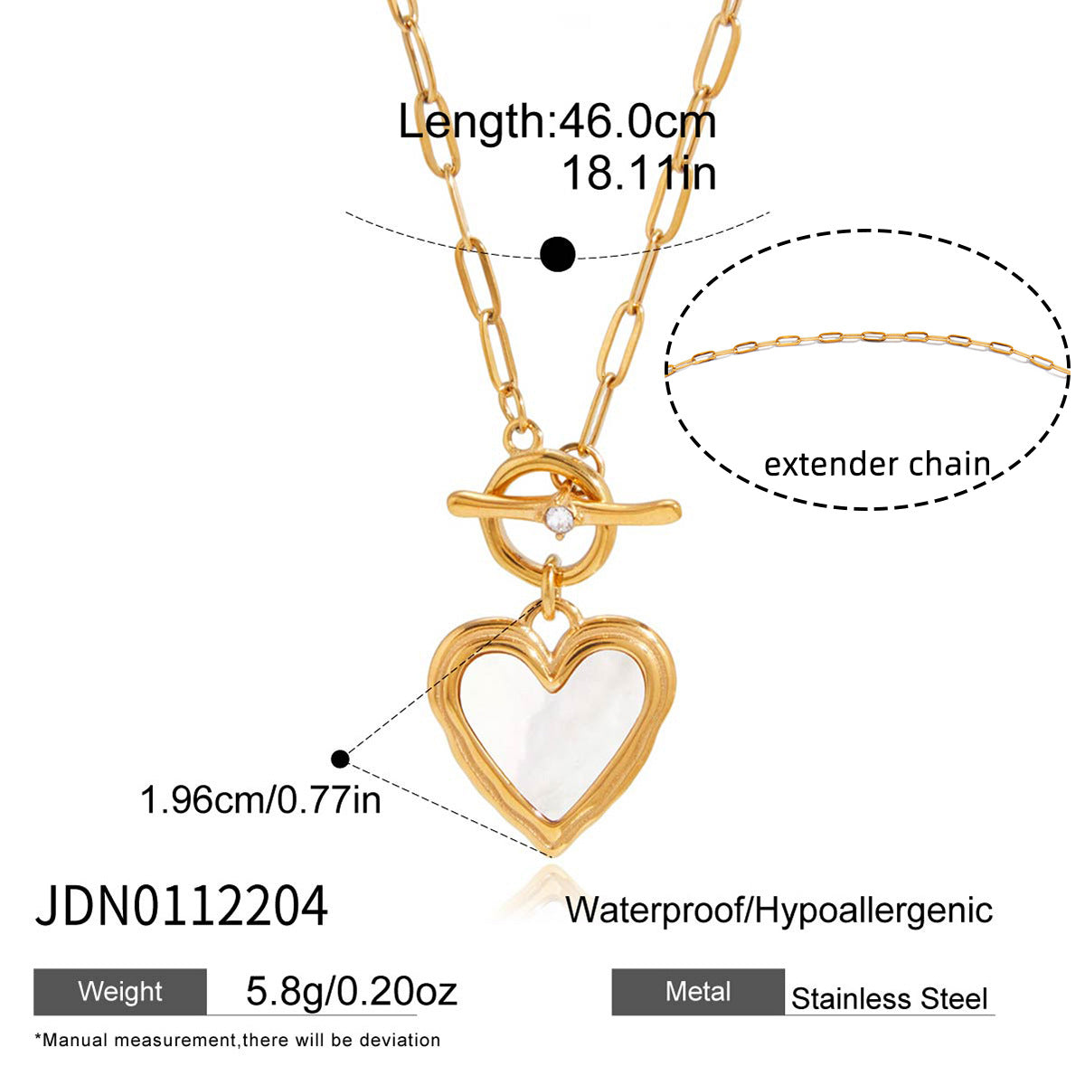 heart‑shaped natural mother‑of‑pearl stainless steel necklace