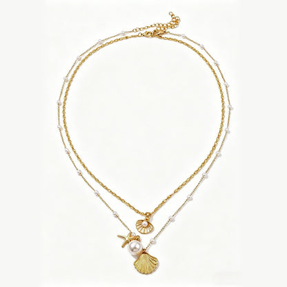 New US Style Starfish Shell Pendant Beaded Necklace, Vintage Versatile Ocean Vacation Neck Chain For Summer - Fortune7Jewelry