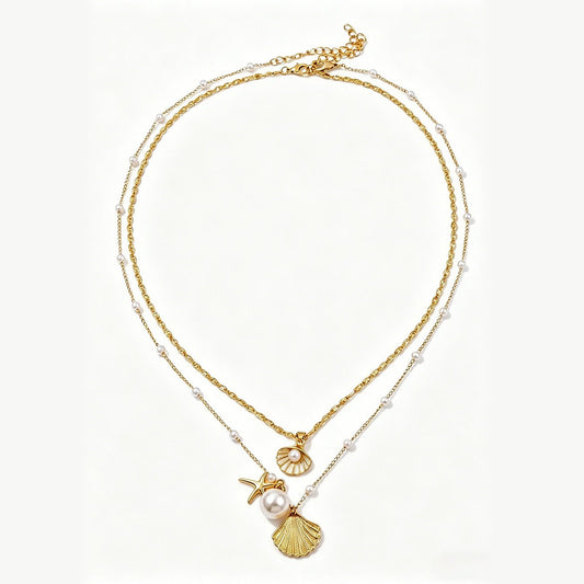 New US Style Starfish Shell Pendant Beaded Necklace, Vintage Versatile Ocean Vacation Neck Chain For Summer - Fortune7Jewelry