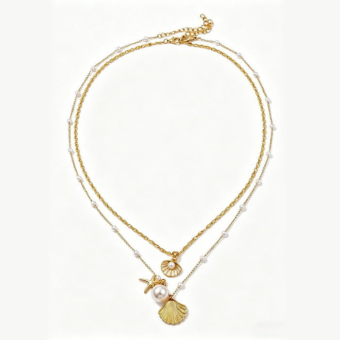 New US Style Starfish Shell Pendant Beaded Necklace, Vintage Versatile Ocean Vacation Neck Chain For Summer - Fortune7Jewelry