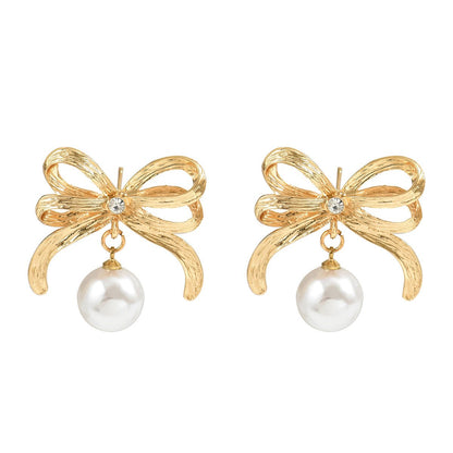 New Korean Style Bowknot Earrings For Women, Unique Inlaid Pearl Design Stud Earrings, Versatile Premium Texture Ear Jewelry - Fortune7Jewelry